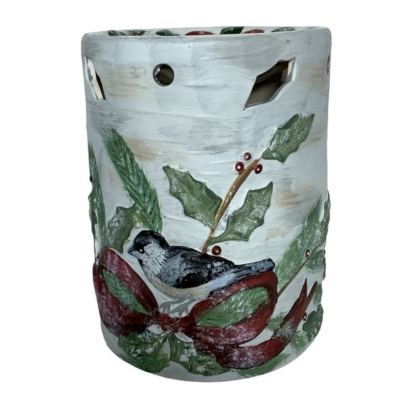 Vintage Wax Warmer Birds Kathy Hatch Tea light Hand painted Holiday White Red - Picture 1 of 15
